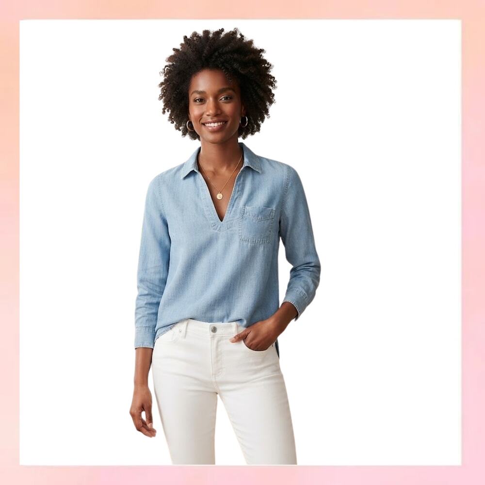 J.Crew Light Wash Chambray Denim Popover Tunic Shirt Top Sz XS